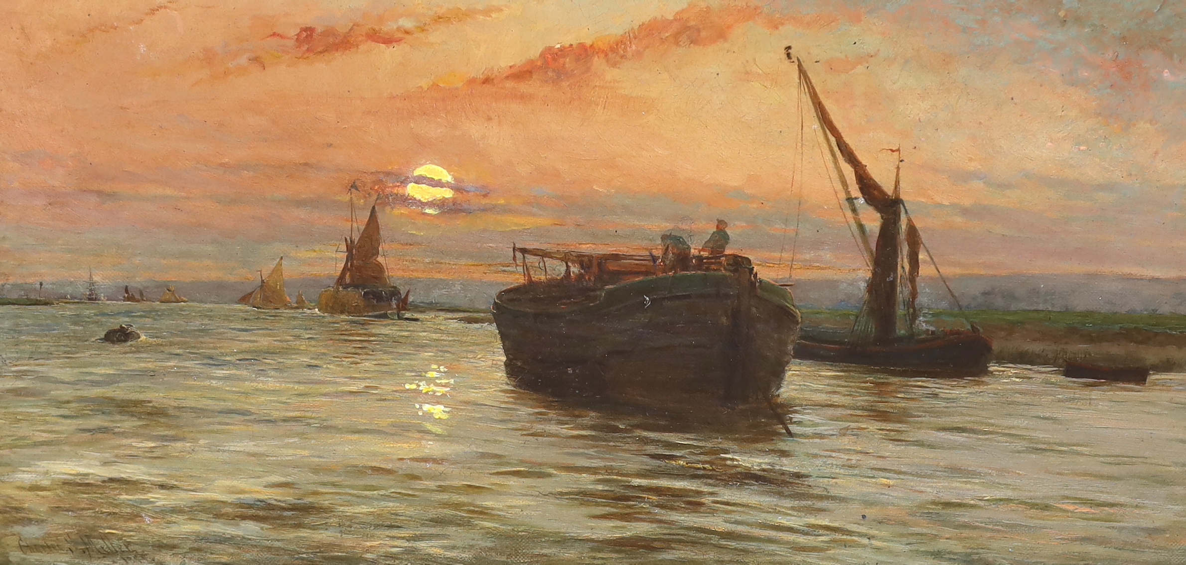 Charles H. Miller (American, 1842-1922), oil on canvas, Dusk-lit marine view, inscribed 'The River' Tottenham, signed and dated 1885, 29 x 59cm